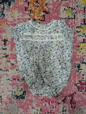 Sweet Threads Floral Lace Yoke Baby One-Piece Romper in Cream and Blue